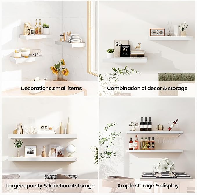 Vivelove White Floating Shelves 36 Inches Long, Wall Display Shelves with Invisible Brackets, for Bathroom Living Room Kitchen Bedroom Office Farmhouse Home Decor, 36x9.3X 1.5 - Set of 2, White