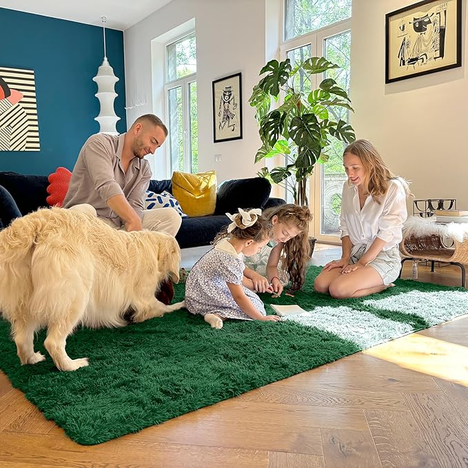 OLANLY 2x3 Machine Washable Small Bedside Rug, Soft Fluffy Shaggy Entryway Throw Rugs for Bedroom, Living Room, Indoor Floor Carpet for Kids Girls Boy, Nursery Rooms, Home Decor Aesthetic, Dark Green