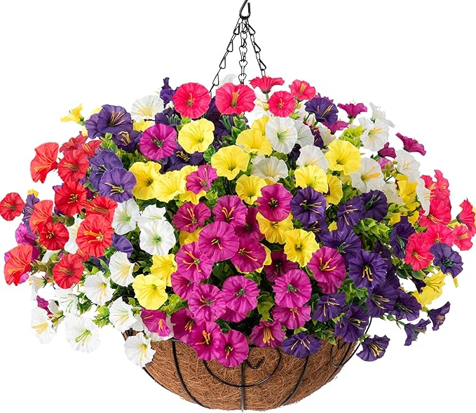 Artificial Faux Hanging Plants Flowers for Outdoors Baskets Spring Outside Decor, Fake Silk Morning Glory in Planter Look Real UV Resistant Outdoor Flowers for Porch Patio Balcony Garden Yard Home