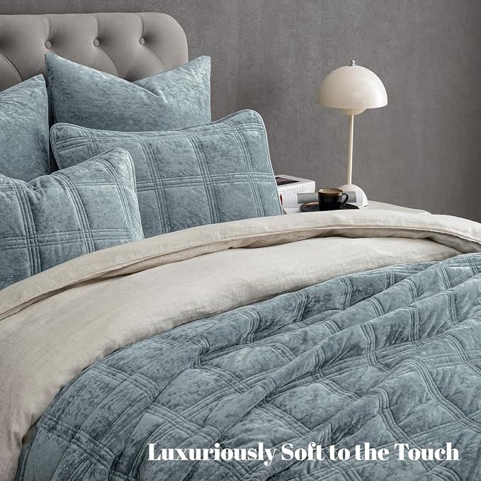 PHF Ultra Soft Velvet Quilt Set Twin Size – 2PCS Luxurious Cozy Quilted Comforter Alternative with Diamond Pattern, Warm Quilted Bedspread Coverlet, 68" x 92", Dusty Blue