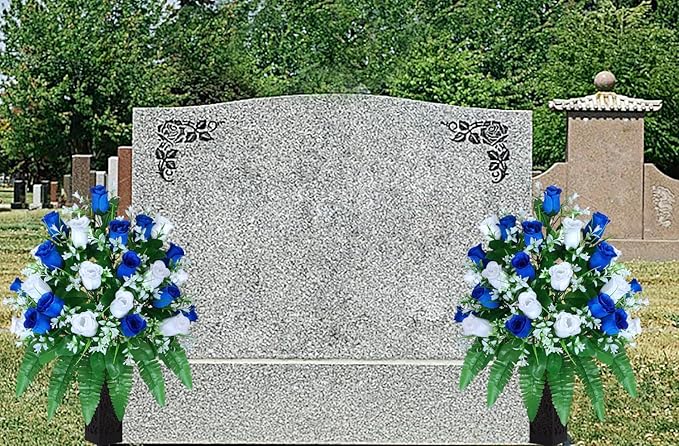 LVXINLI Artificial Cemetery Flowers, Gravesite Decoration Roses, Memorial Bouquets with Cemetery Vase, Vibrant and Long-Lasting Colors (Dark Blue+White, 2 Bundles)