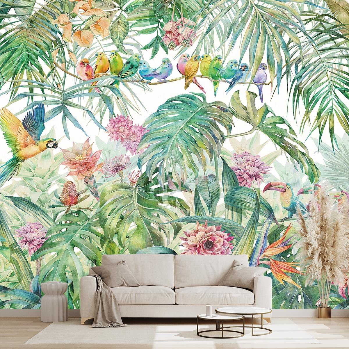 Tropical Green Botanical Flower Birds Leaf Wallpaper Bedroom Plant Floral Mural Room Decor Living Room tv Background Large Wall Mural - 91"x65" (Not Peel and Stick)