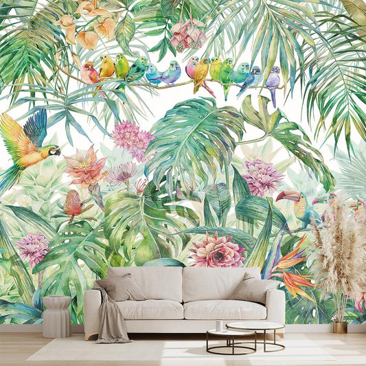 Tropical Green Botanical Flower Birds Leaf Wallpaper Bedroom Plant Floral Mural Room Decor Living Room tv Background Large Wall Mural - 137"x96" (Not Peel and Stick)