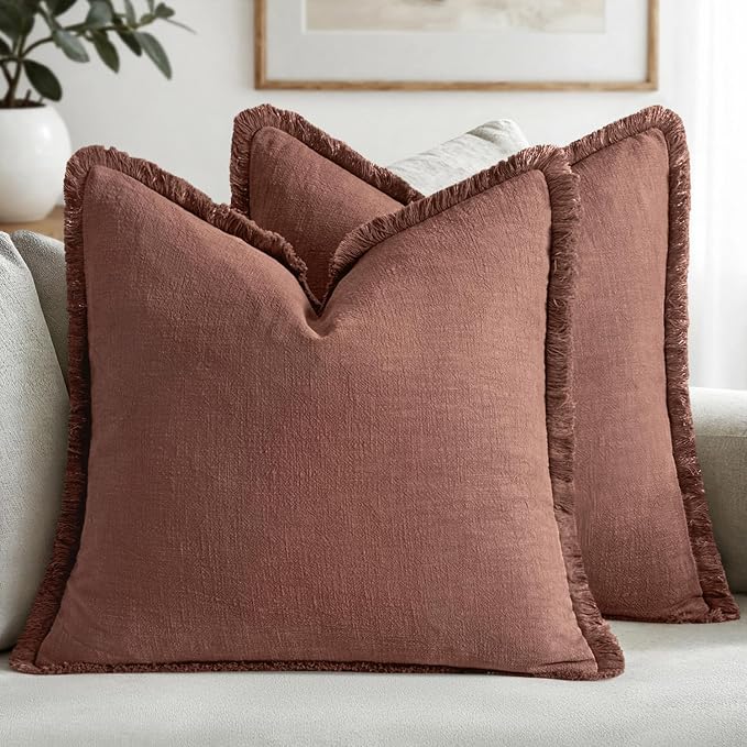 MIULEE Decorative Throw Pillow Covers Neutral Linen Fringe Throw Pillows Set of 2 Autumn Glaze Boho Farmhouse Cushion Covers with Tassels for Couch Sofa Bed Living Room Fall Decor 20x20 Inch