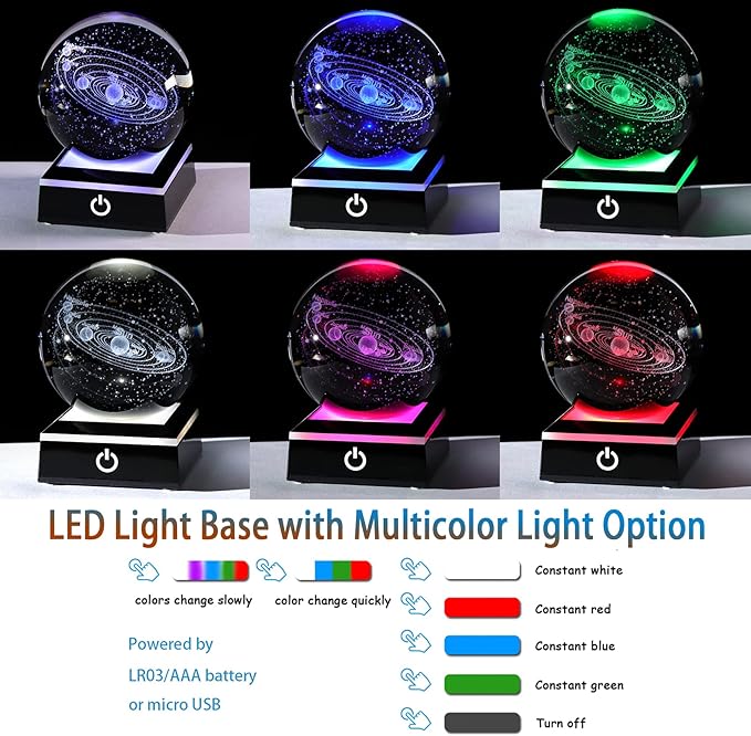 3.15" K9 Crystal 3D Solar System Ball with Black LED Colorful Lighting Touch Base, Engraving Solar System Star Planet Model Decor, Science Universe Astronomy Gifts for Astronomy Lovers