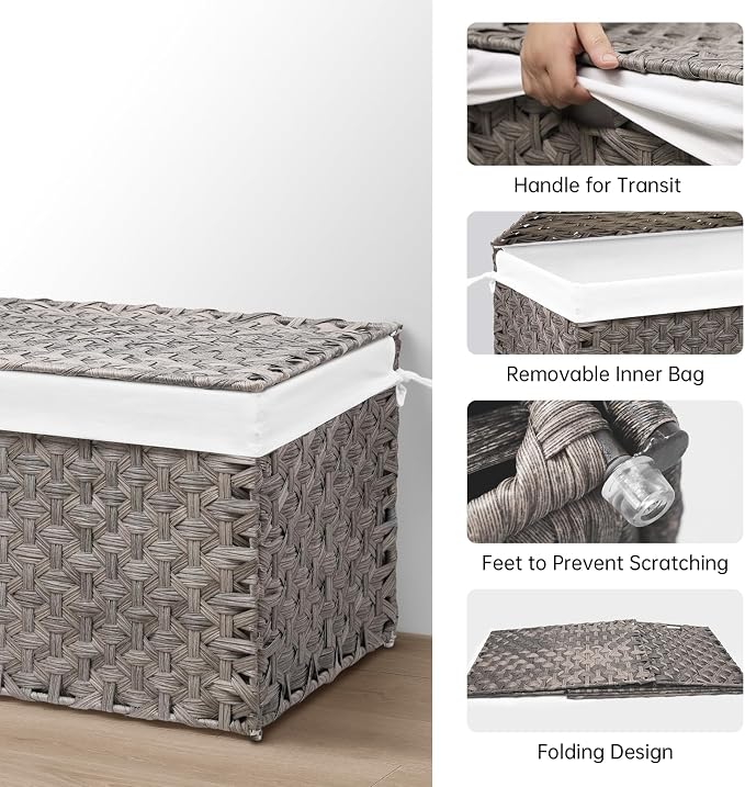 Wicker Storage Basket with Lid, 42.3 Gallon (160L) Large Blanket Basket with Lid, Woven Storage Bin with Handles, Removable Liner, Metal Frame, Foldable, for Bedroom, Laundry Room, Grey