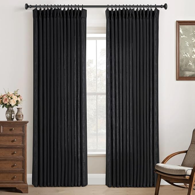 Black Pinch Pleated Linen Curtains 84 inches Long for Living Room 2 Panel Set Light Fitering Semi Sheer Black Window Curtain Pinch Pleate with Hooks Rustic Farmhouse Bedroom Drapes Length 84"