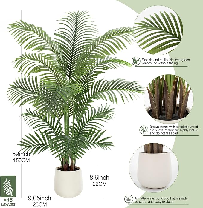 5ft Artificial Palm Tree Tall Faux Palm Tree Indoor Large Fake Plants with 15 Trunks Artificial Plants with White Pot Lifelike Leaves for Home Office Decor Living Rooms Bedrooms