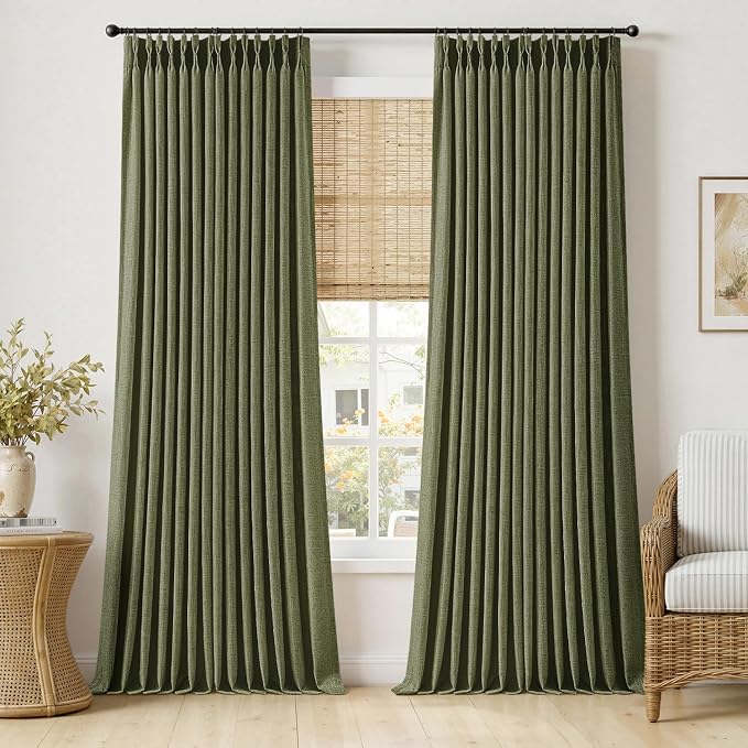 MIULEE Olive Green Pinch Pleated Thick Linen Curtains 108 Inches Long 2 Panels Set for Living Room Bedroom, Linen Texture Drapes Pleat Semi Sheer Moss Green Foor to Ceiling Curtains with Hooks&Rings