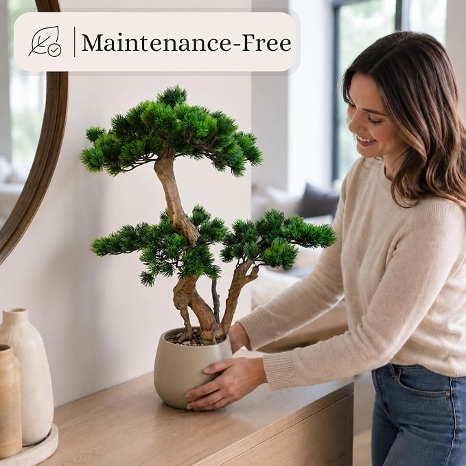 Artificial Bonsai Tree 26" Tall with Realistic Wood and Ceramic Pot, Fake Plants for Home, Bedroom and Office Desk, Japanese Decor