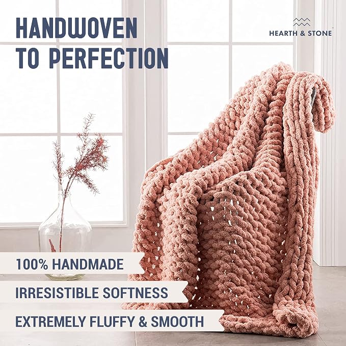 Chunky Knit Blanket Throw - 50"x60" 3.7 lbs.- Soft Chenille Yarn Knitted Blanket -Machine Washable Crochet Blanket - Handmade Cable Knit Throw Blanket for Couch, Bed (Blush Pink) | Soft chenille chunky knit throw blanket in blush pink â€“ handmade cabl...