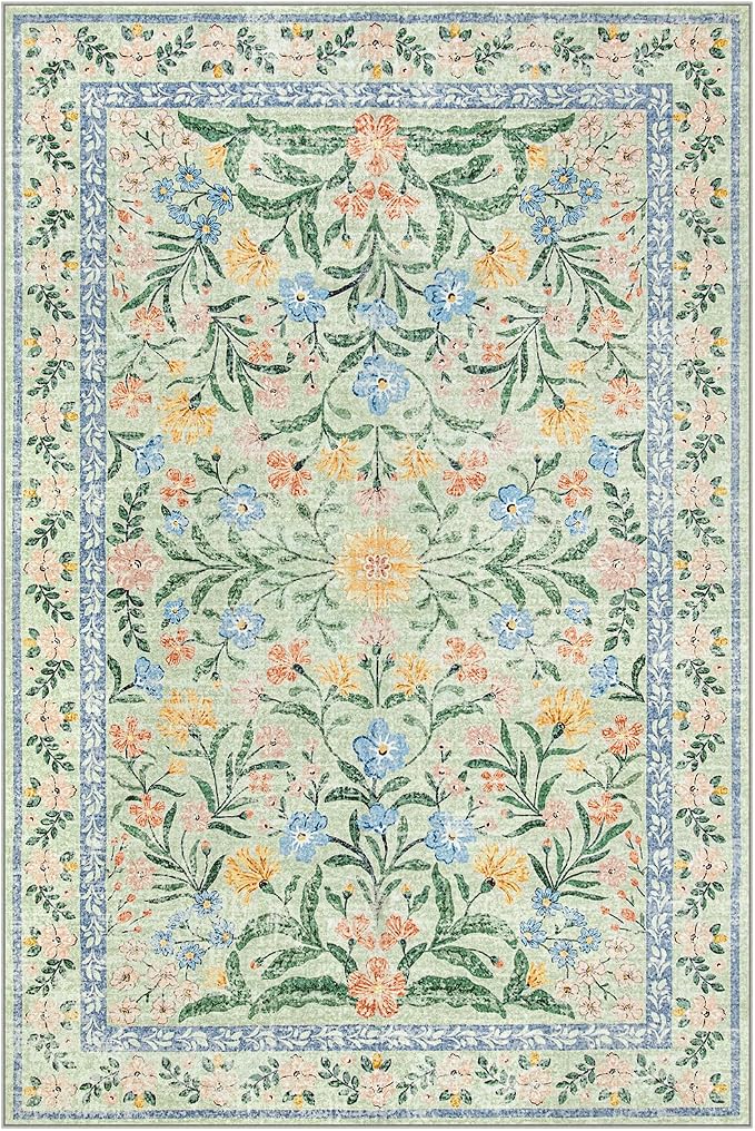 Wonnitar Washable Floral 6x9 Rug, Soft Green Area Rug Boho Non Slip Dining Room Carpet, Non-Shedding Flower Floor Carpets for Kids Bedroom Living Room Dorm Playroom