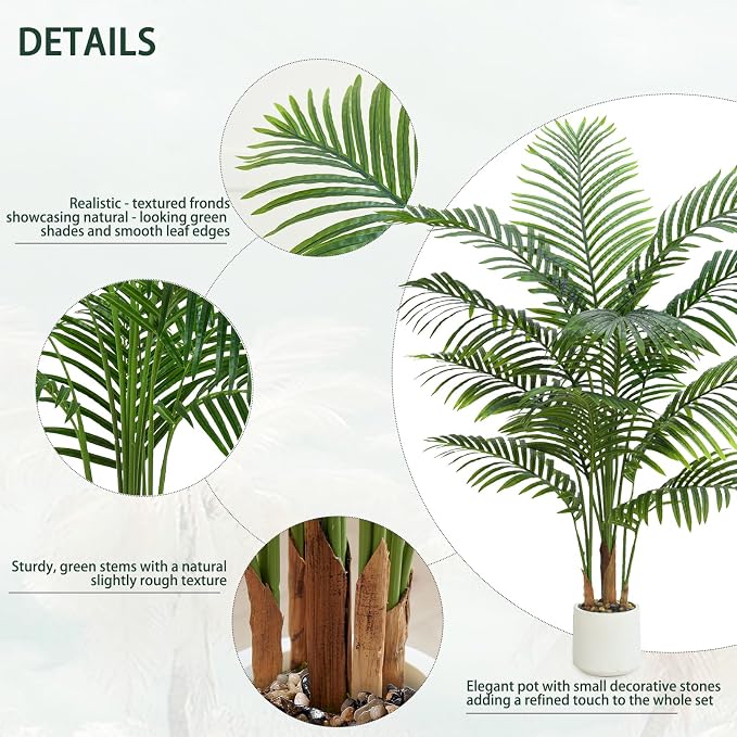 Artificial Palm Tree Indoor Plant 5FT Tall Fake Tropical Palm Tree in Pot, Real Bark Design Faux Areca Palm Tree for Home Office Living Room Bedroom Farmhouse Modern Outdoor Topiary Tree