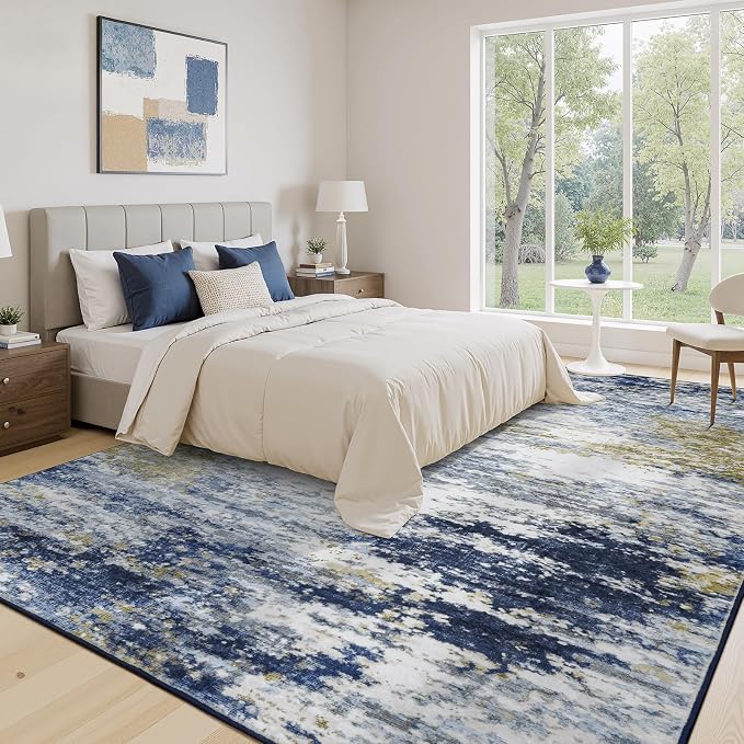 Lofus 8x10 Area Rug for Living Room,Abstract Large Rugs with Non-Slip Backing, Neutral Modern Washable Carpet for Bedroom Dining Room Home Office Nursery Indoor, Dark Blue/Brown