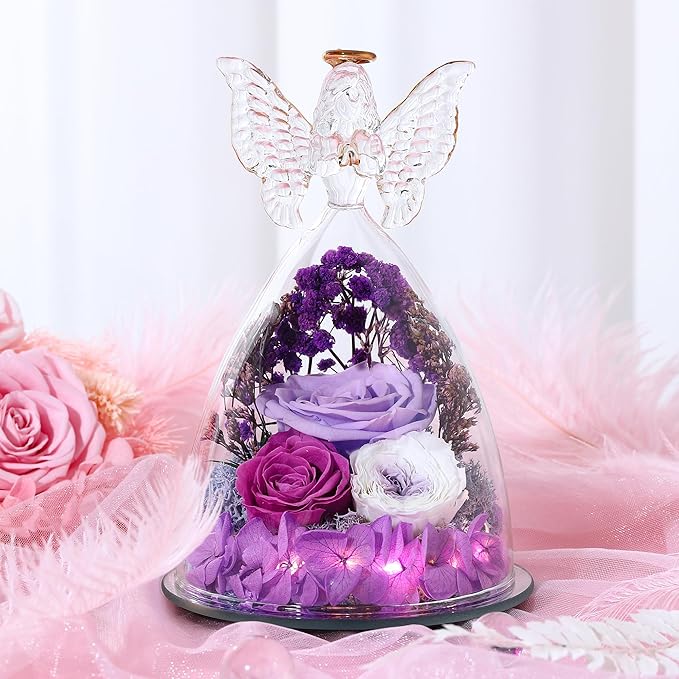 Mothers Day Rose Gifts for Women Preserved Real Flower in Glass Angel Figurines Roses for Delivery Prime Birthday Gifts for Mom Grandma Girlfriend Wife Her, Light Purple Austin Roses