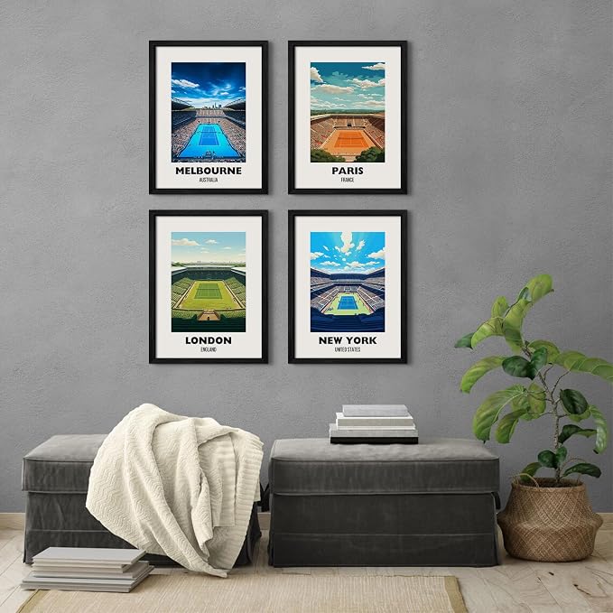 Grand Slam Wall Art Tennis Canvas Poster Sports Wall Decor Tennis Gym Prints Athlete Pictures Fashion Poster Grand Slam Club Artwork Center Painting for Living Room Bedroom 12x16 Inch Wood Framed