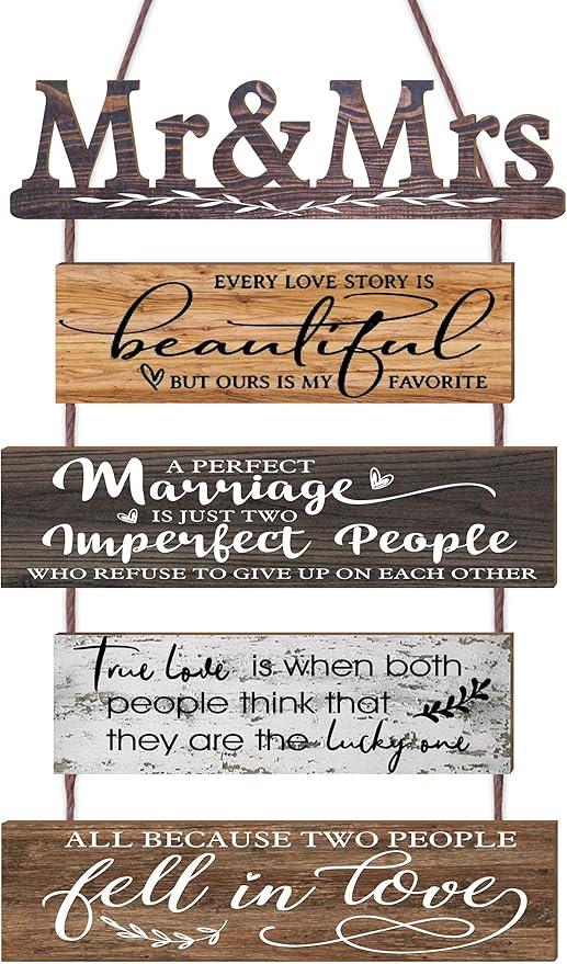 Mr & Mrs Rustic Wall Collage Sign with 5pcs Panels Strung Together - Marriage Wedding Engaged Anniversary Shower Farmhouse Distressed Wall Decor - Sweet Warming Gifts for Wife Husband Couples