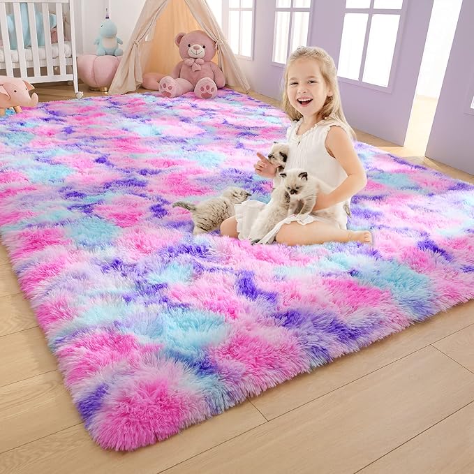 AROGAN Soft Rainbow Area Rugs for Girls Room 4x6 Feet, Fluffy Bedroom Rugs, Princess Rug, Cute Colorful Carpet for Kids Teens Nursery Toddler, Hot Pink