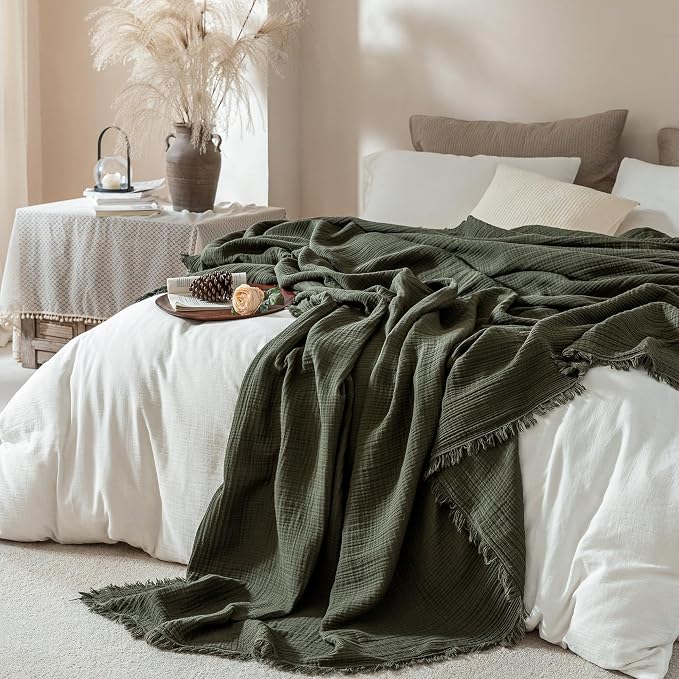 Muslin Fringe Blankets for Adults: 100% Cotton Cloud Soft | 4-Layer Gauze Breathable Lightweight All Season Throw Blanket for Bed Couch Sofa Office