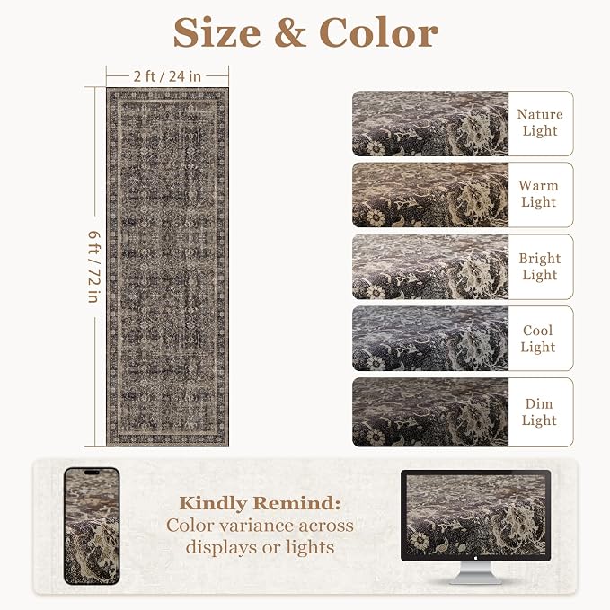 Dark 2x6 Washable Runner Rug, Mid-Century Modern Print Carpet Runners for Hallway Kitchen 6ft Non Slip, Vintage Classic Low Pile Entryway Runner for Bathroom Mudroom Bedroom, Brown/Black/Beige