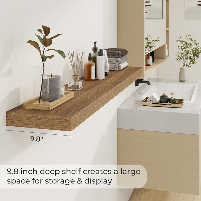 Dreamland 55Inch Walnut Floating Shelves 9.8" Deep Wall Mounted Set of 1 | Wall shelves for bathroom, bedroom, Living Room, kitchen, deep wall mount wood storage display for home decor 55" x 9.8"