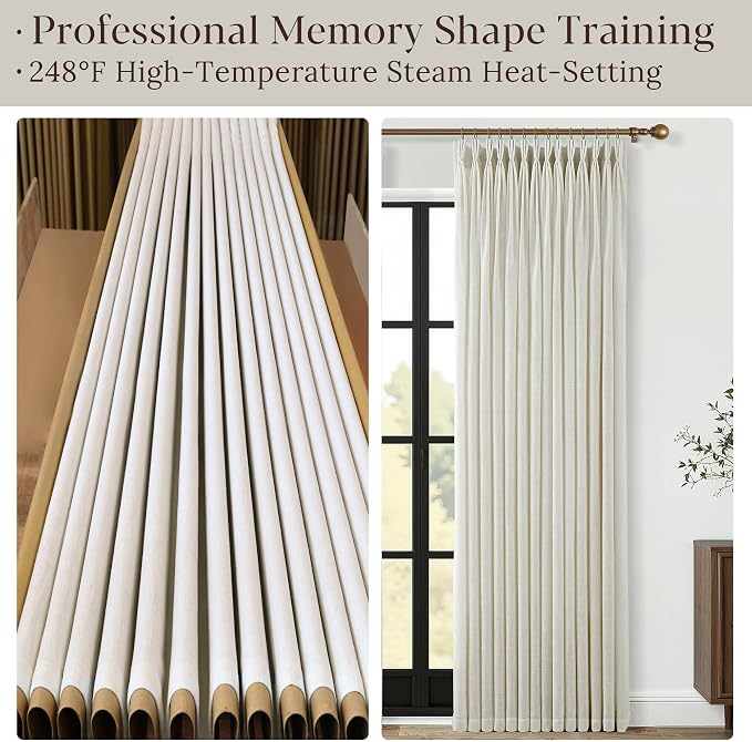 Beige Pleated Linen Curtains 112 Inch Length 2 Panels Set Semi Sheer Light Filtering Light Tan Window Drapes for Living Room Modern Viral Pinch Pleated Curtains 112 Inches with Hooks Rings Clips