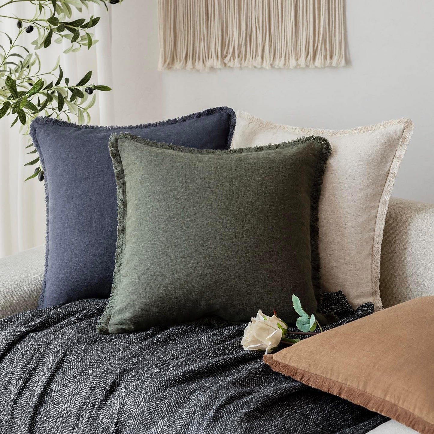 Foindtower Set of 2 Decorative Linen Fringe Throw Pillow Covers Farmhouse Cushion Cover with Tassels Accent Pillowcase for Couch Bed Sofa Living Room Home Bedroom Decor,12×24 Inch,Dark Olive Green