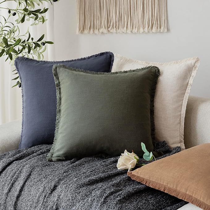 Foindtower Set of 2 Decorative Linen Fringe Throw Pillow Covers Boho Farmhouse Cushion Cover with Tassels Soft Accent Pillowcase for Couch Sofa Bed Living Room Home Decor,26×26 Inch,Dark Olive Green