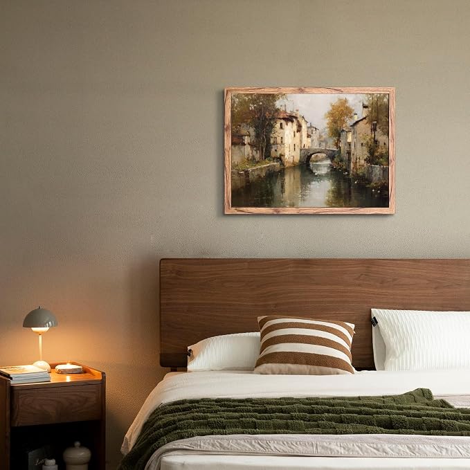 KBBYT Large Framed Wall Art European Canal Landscape Poster Canvas Print Vintage Rustic Farmhouse Painting Pictures Wall Decor Aesthetics for Living Room Apartment Decoration 24x36inch Wood Framed