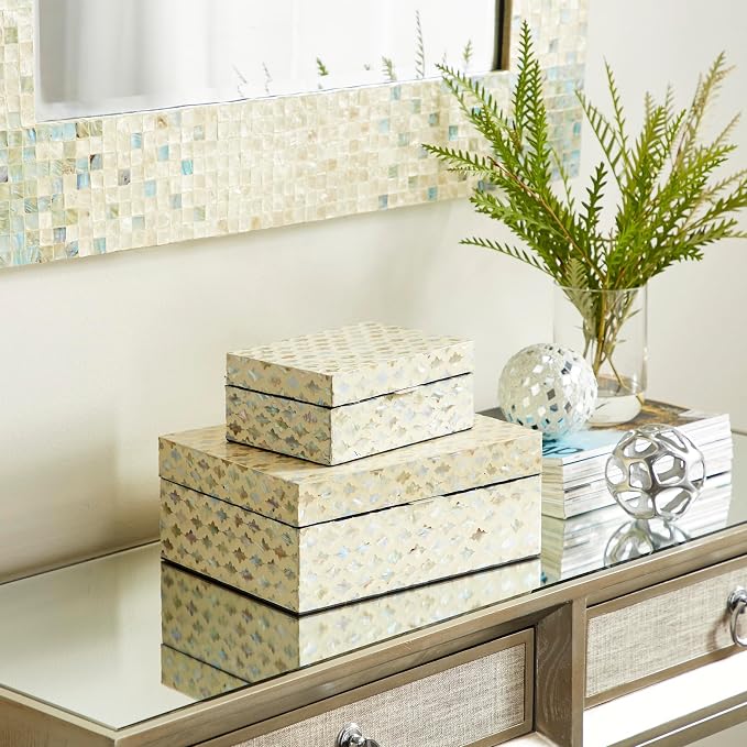 Deco 79 Mother of Pearl Shell Geometric Handmade Decorative Box Storage Decorative Keepsake Boxes with Hinged Lid, Set of 2 Storage Boxes 12", 8"W, Cream