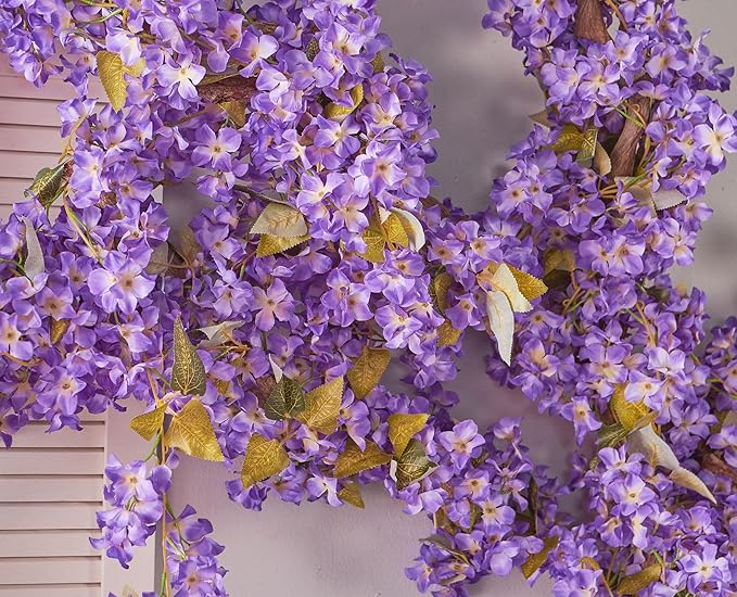 PONKING Flower Garland, Artificial Hydrangea Vine Flowers, Hanging Fake Hydrangeas Vine for Room Anniversary Wedding Birthday Christmas Wall Arch Decor, 2 Pcs, Floral Garland, Purple Flower