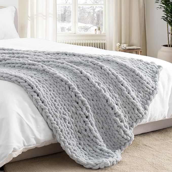 Chunky Knit Throw Blanket 50x60, 100% Handmade Chenille Yarn | 4.4lbs Soft Thick Cable Knitted Blankets, Large Rope Knot Crochet Throws for Couch Sofa Bed Machine Washable, Grey