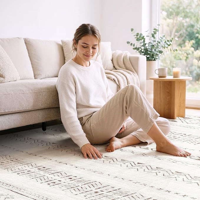 cotiled 12x15 Area Rug Living Room: Washable Boho Rugs with Non Slip Backing Large Soft Indoor Stain Resistant Carpet for Bedroom Farmhouse Dining Room Lightweight Home Decor L Brown/Cream