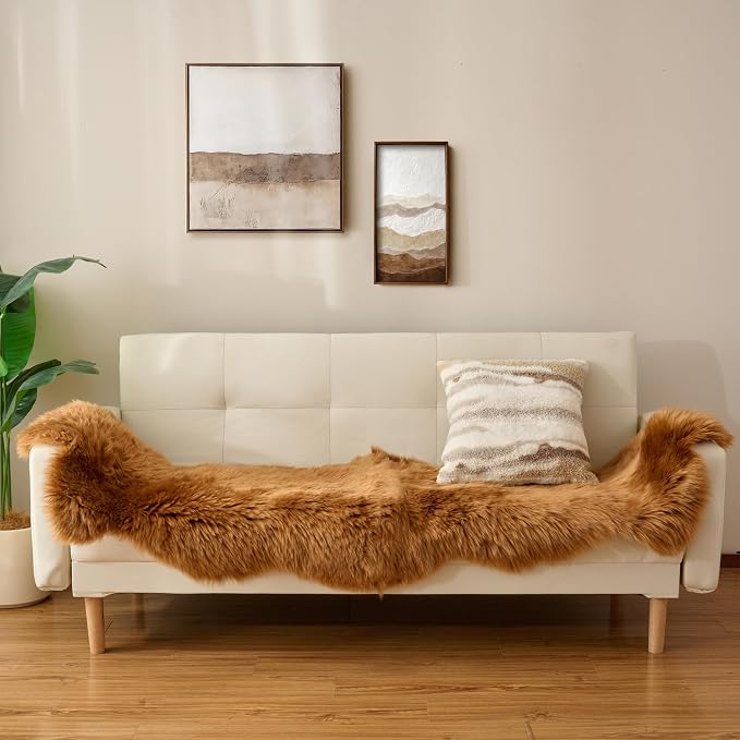 Premium Genuine Sheepskin Area Ruge - Real Wool Fur Shaggy Carpet | Fluffy Soft Natural Lambskin Rug Seat Chair Covers for Couch Sofa Bedroom Living Room(Brown,2×6 Feet Sheepskin)