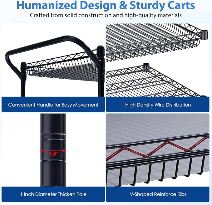 WDT 1350Lbs Capacity Heavy Duty Rolling Utility Cart, NSF Rolling Carts with Wheels,Commercial Grade Metal Cart with Handle Bar & Shelf Liner,Trolley Serving Cart for Restaurant,Kitchen,Black