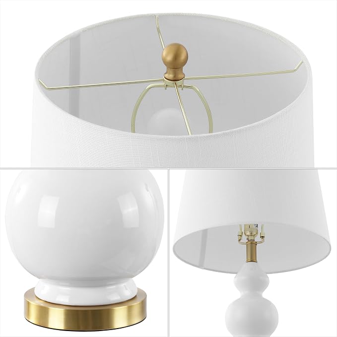 JONATHAN Y 27.5" White/Brass Gold Modern Ceramic Gourd Table Lamp for Living Room, Large Bedside Nightstand Lamp for Bedroom, White Linen Drum Shade, LED Bulb Included (JYL4023D)