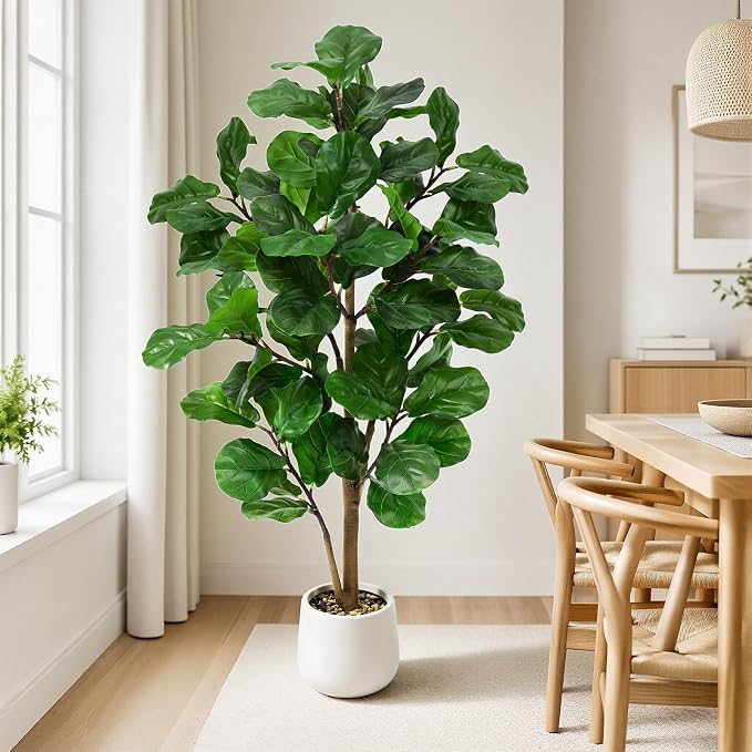 Faux Fiddle Leaf Fig Tree 5ft Tall Indoor Fake Tree in White Pot with 70 Leaves Artificial Ficus Lyrata House Plant for Indoor Home Office Bedroom Living Room Decor Perfect Housewarming Gift