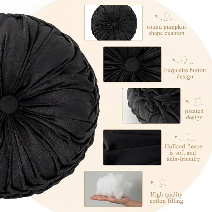 Drydiet 1 Pcs Round Throw Velvet Pillows Decorative Pleated Throw Pillows Diameter Accent Pumpkin Boho Chair Cushion for Couch Sofa Home Decoration (Black,15'')