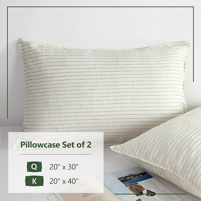 Striped Linen Pillow Cases Set of 2,20"x30" Standard/Queen Size,100% French Natural Flax Soft Linen Pillowcases,Olive Green Pinstripe