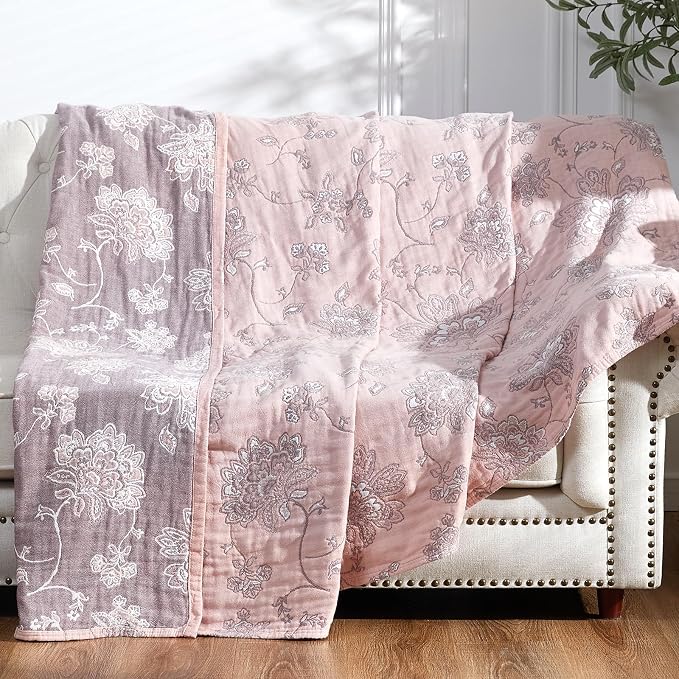 jinchan Boho 100% Cotton Muslin Twin Size 50x60 Inches Blanket Lightweight 4-Layer Quilted Soft Pink Red Floral Throw Blanket Reversible Comfy Flower Breathable All Seasons Couch Bedroom Decor