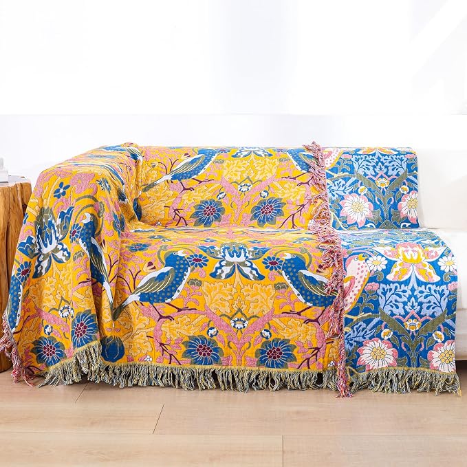 Boho Cotton Muslin Twin Size Bed Throws,100% Cotton Rustic 4 Layer Reversible Bid and Floral Woven Washable Breathable Decor Blanket 60"×80" for Couch Sofa All Seasons,Blue &Yellow