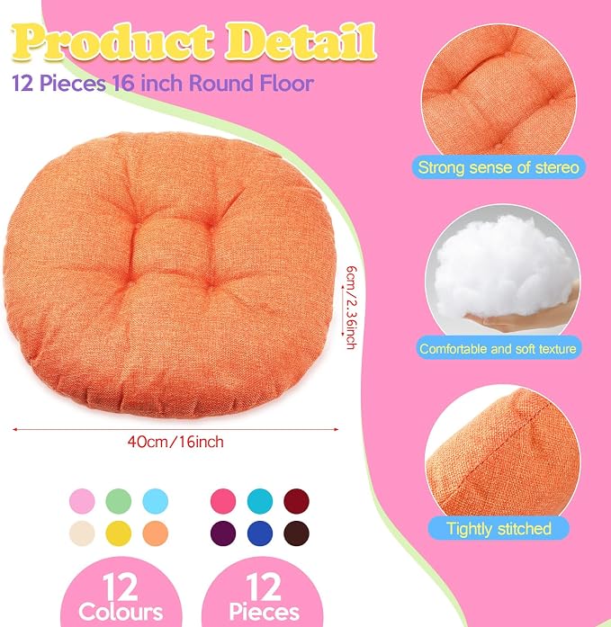 Fumete 12 Pcs 16 Inch Floor Cushions Pillow for Kids Bulk Classroom Round Flexible Seating Floor Cushions for Students Home Daycare School Reading Corner Yoga Meditation Picnic (Elegant)