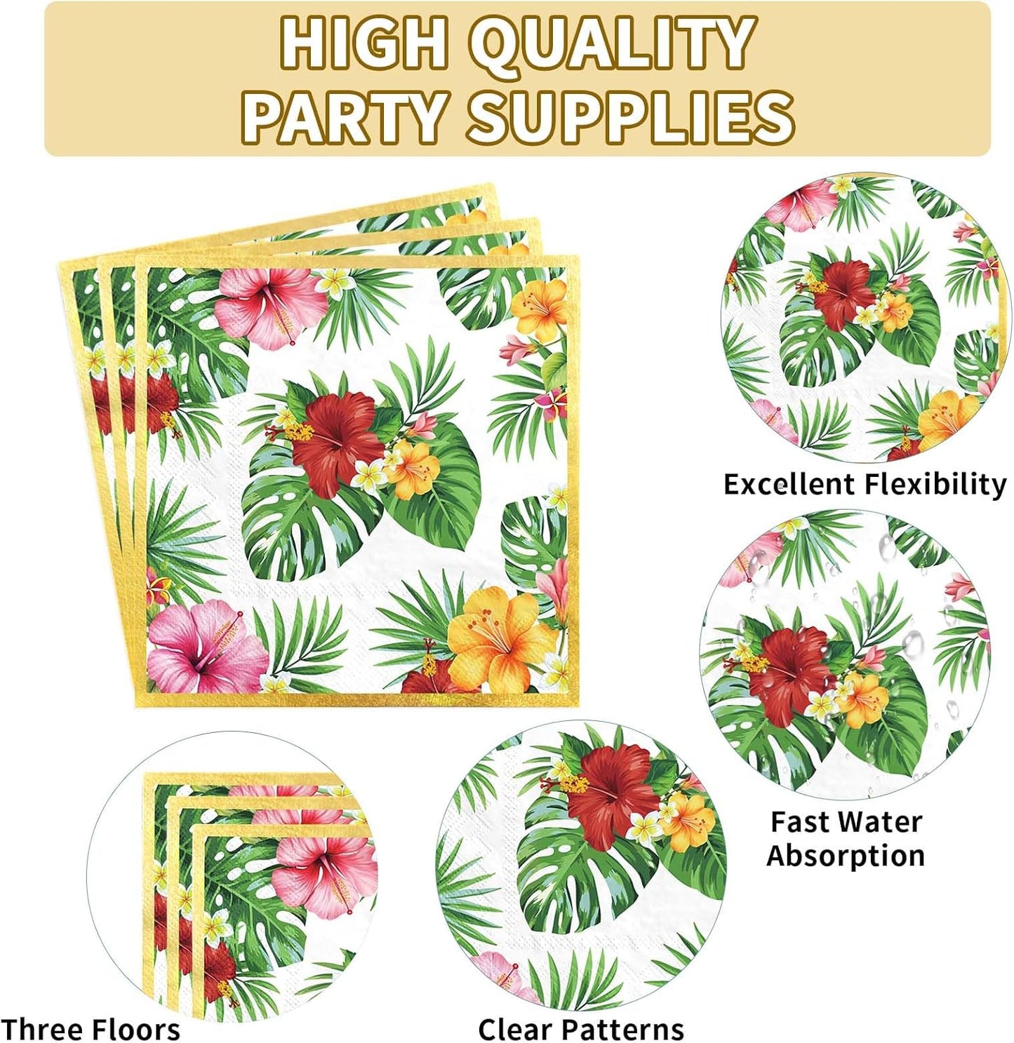 Grencian 200Pcs Hawaiian Luau Party Decorations Aloha Tropical Hibiscus Floral Luau Plates and Napkins Palm Leaf Tableware Sets for Summer Holiday Hawaiian Birthday Dinner Party Supplies Serves 50