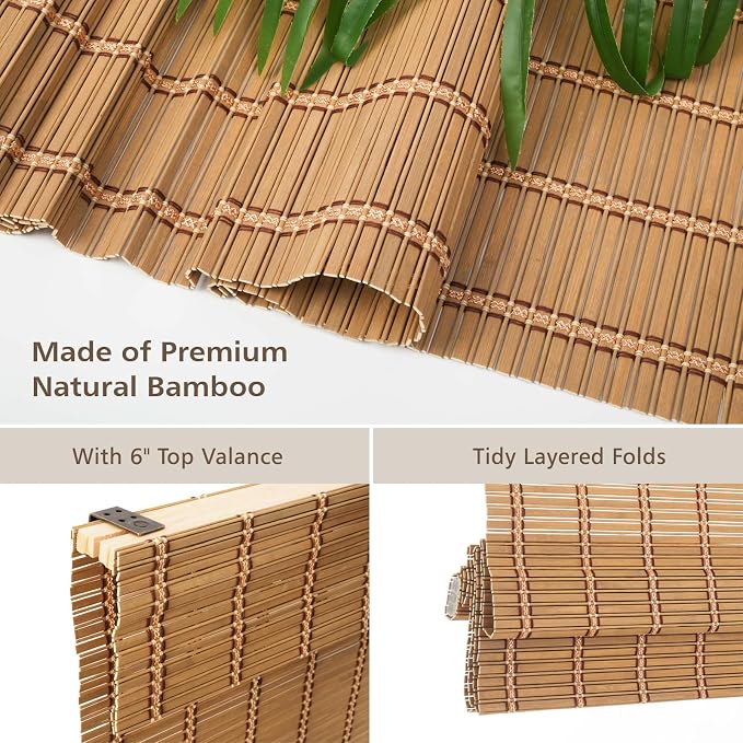 Cordless Bamboo Roman Shade, 36" W x 64" H, Natural Caramel Brown | Room Darkening Woven Wood Shades, Bamboo Window Shades for Living Room Bedroom Kitchen Doors, Easy to Install