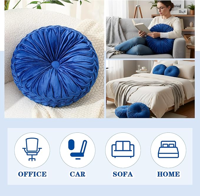 Drydiet 1 Pcs Round Throw Velvet Pillows Decorative Pleated Throw Pillows Diameter Accent Pumpkin Boho Chair Cushion for Couch Sofa Home Decoration (Royal Blue,15'')