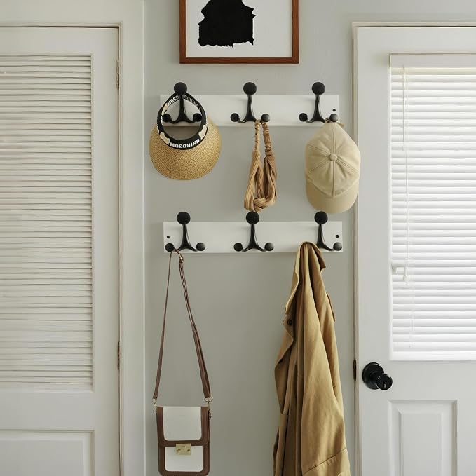 WEBI Coat Rack Wall Mount,17" Solid Wood Coat Hooks Wall Mounted Coat Hanger,16" Hole to Hole,Heavy Duty Hook Rack Rail,3 Triple Hooks for Hanging Coats,Jacket,Clothes,Hat,Backpack,White