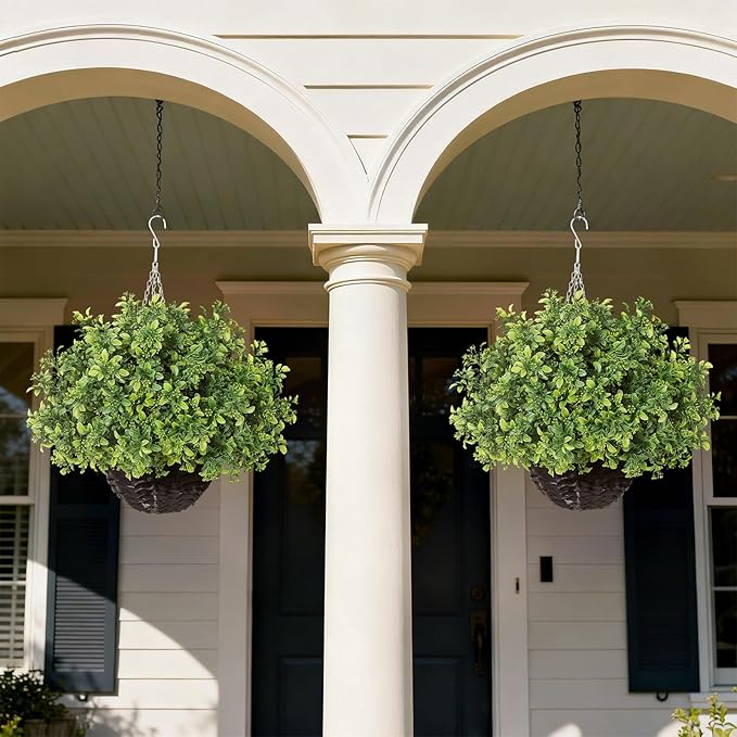 2PCS Artificial Boxwood Plants with Hanging Basket - Fake Aglaia Odorata Hanging Planters Faux Greenery UV Resistant Eucalyptus Leaves for Front Porch Patio Garden Farmhouse Home Decor (Green)
