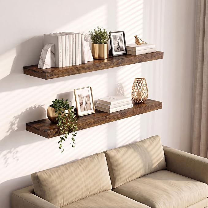 Vivelove Wall Floating Shelves for Display with Invisible Brackets, 24 Inch Floating Shelves for Bedroom Bathroom Living Room Kitchen Office, 24”X 8" X 1.4", Set of 2 - Rustic Brown