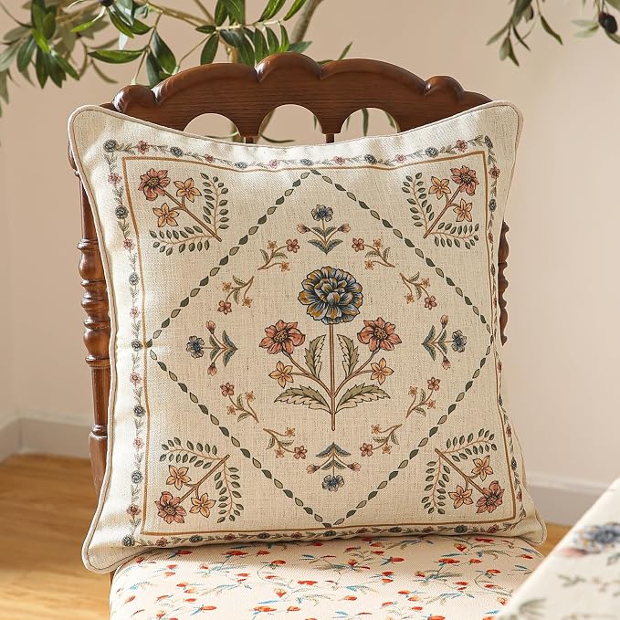 ISAENNE Designer Linen Throw Pillow Cover,Set of 2,18"x18"-Cornucopia B | Elegant French Square Pillow Cover,Concealed Zipper Design,Floral Pattern,Sofas,Bedroom,Living Room,Lounge Chairs