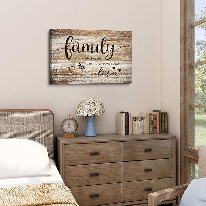 Vintage Family Wall Decor for Living Room Farmhouse Family Canvas Wall Art Bedroom Decor Rustic Sweet Quotes Sign Prints Retro Kitchen Signs Wooden Pictures Christian Artwork Home Decoration 16x24”